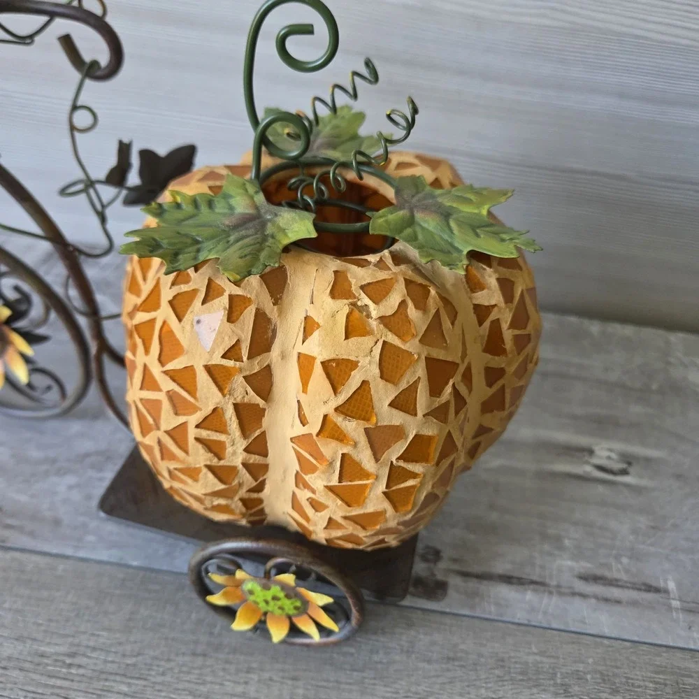 Autumn Mosaic Glass Pumpkin Tealight Holder on Metal Sunflower Tricycle Stand
